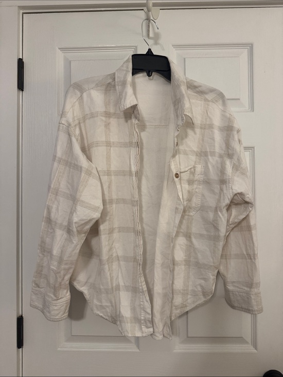 honeycloth Tops - HoneyCloth Relaxed White and Beige 100% Cotton Plaid Button-Down Shirt - Women